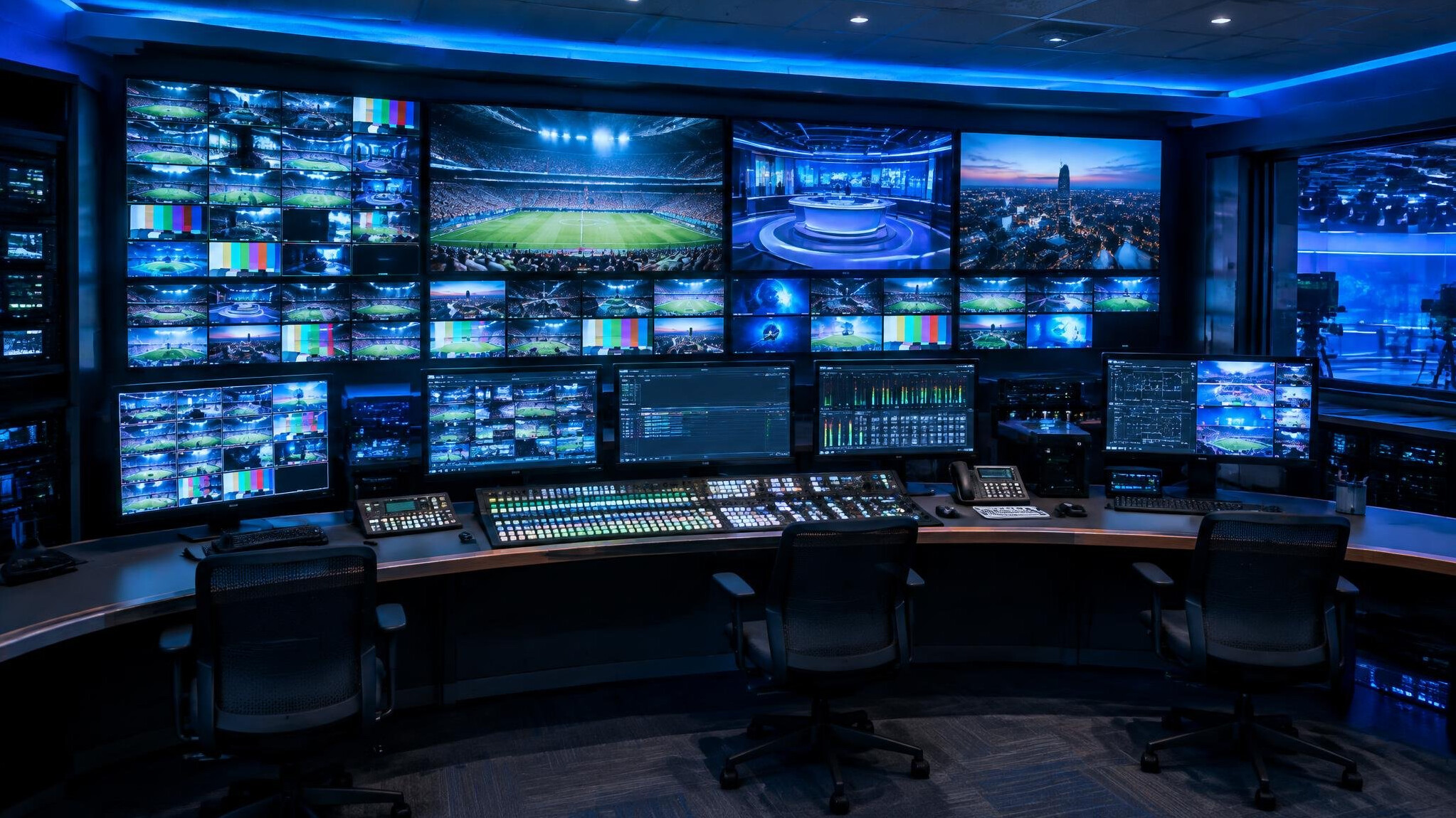 Wide shot of a broadcast gallery with preview monitors glowing