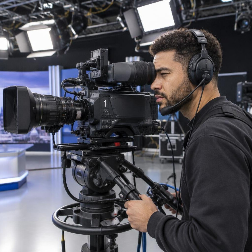 Camera operator behind a broadcast camera on a studio floor