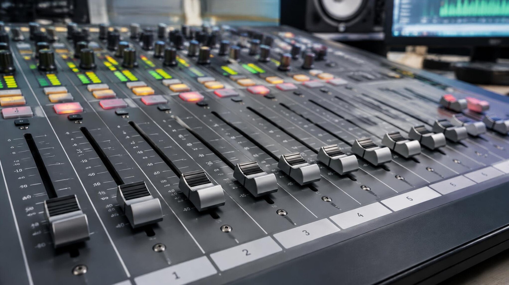 Audio mixing console with faders in a broadcast studio