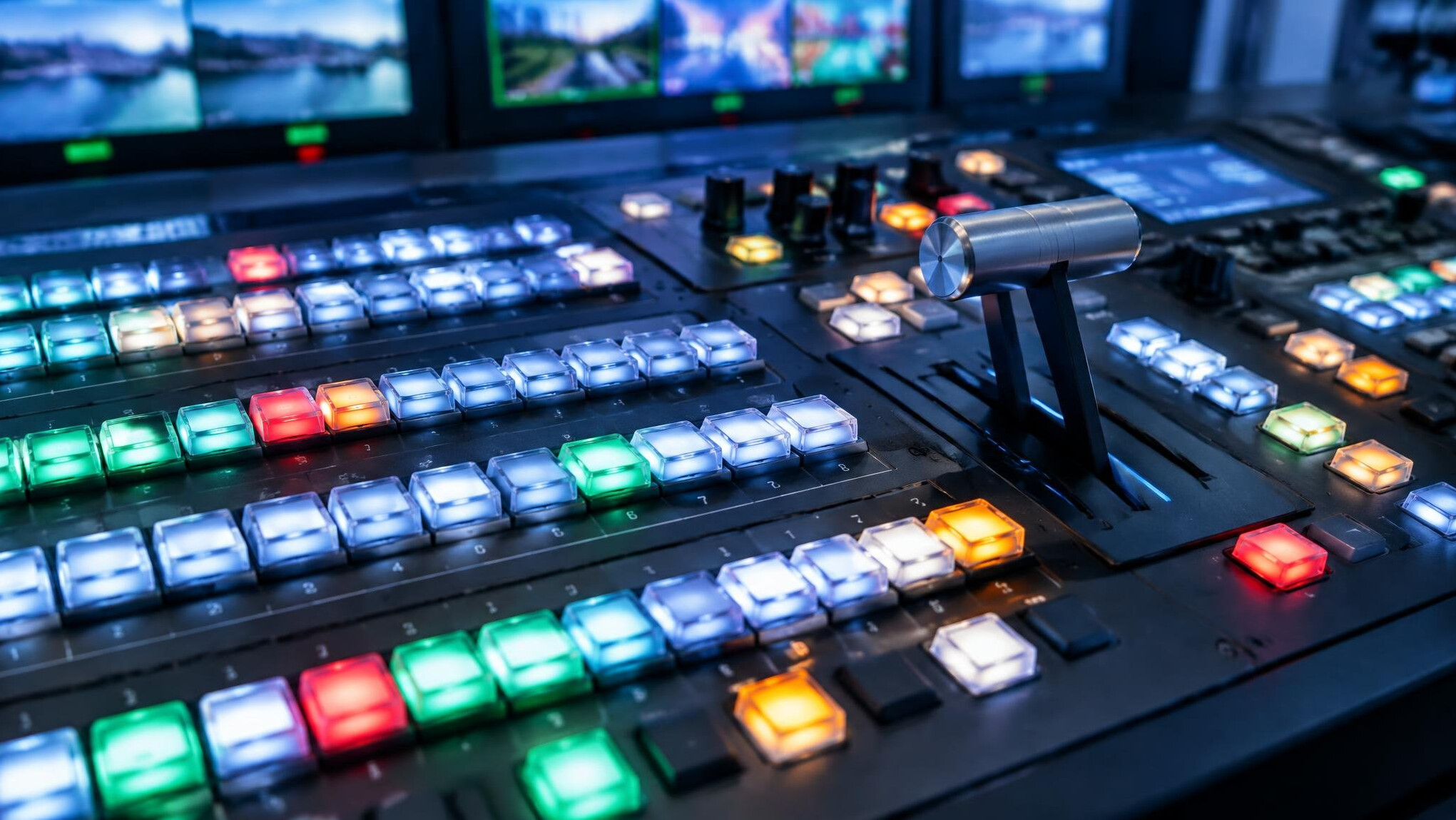 Close-up of a video vision mixer switcher panel with glowing buttons
