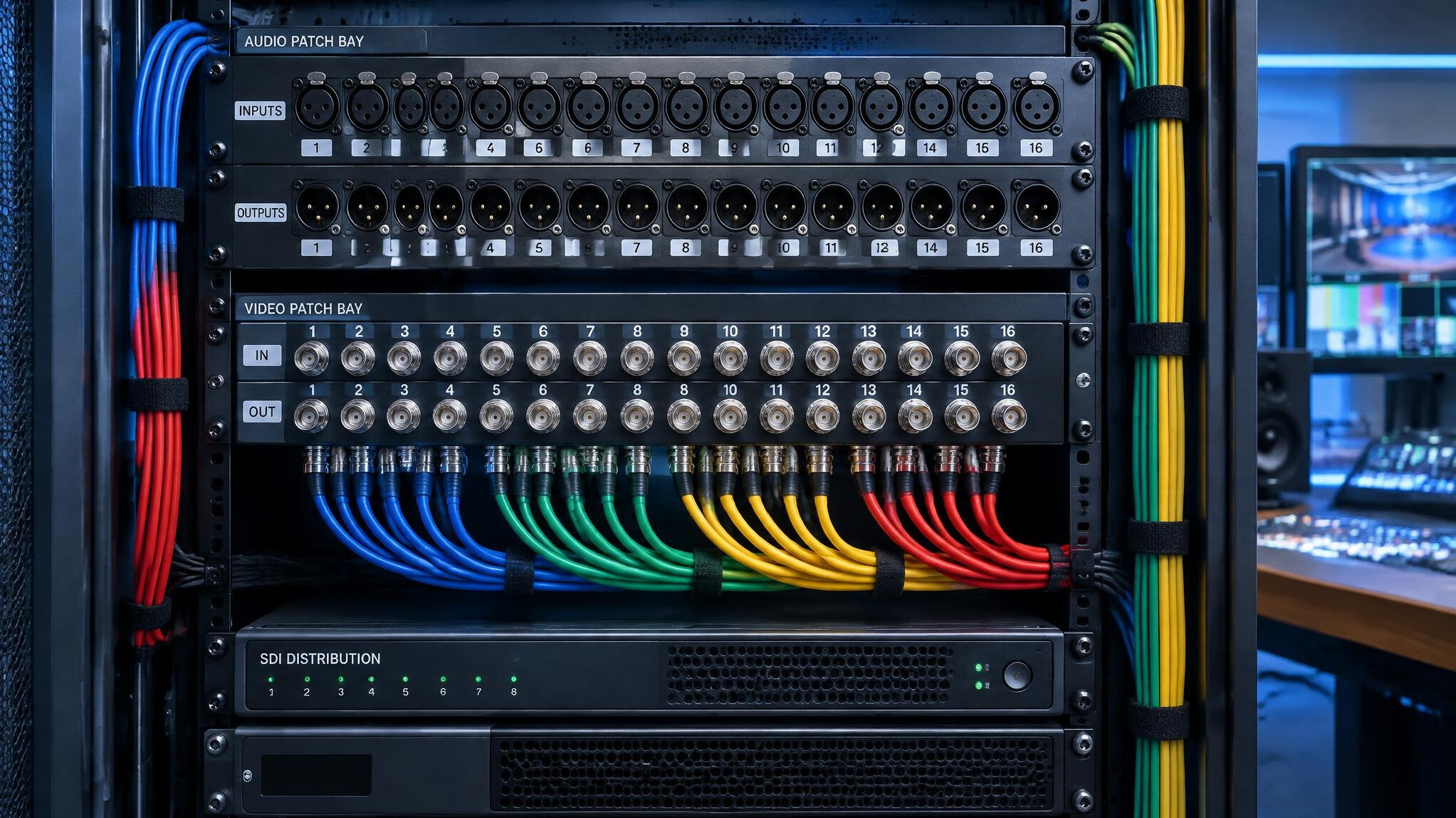 Neatly labelled cable patch bay in a broadcast equipment rack