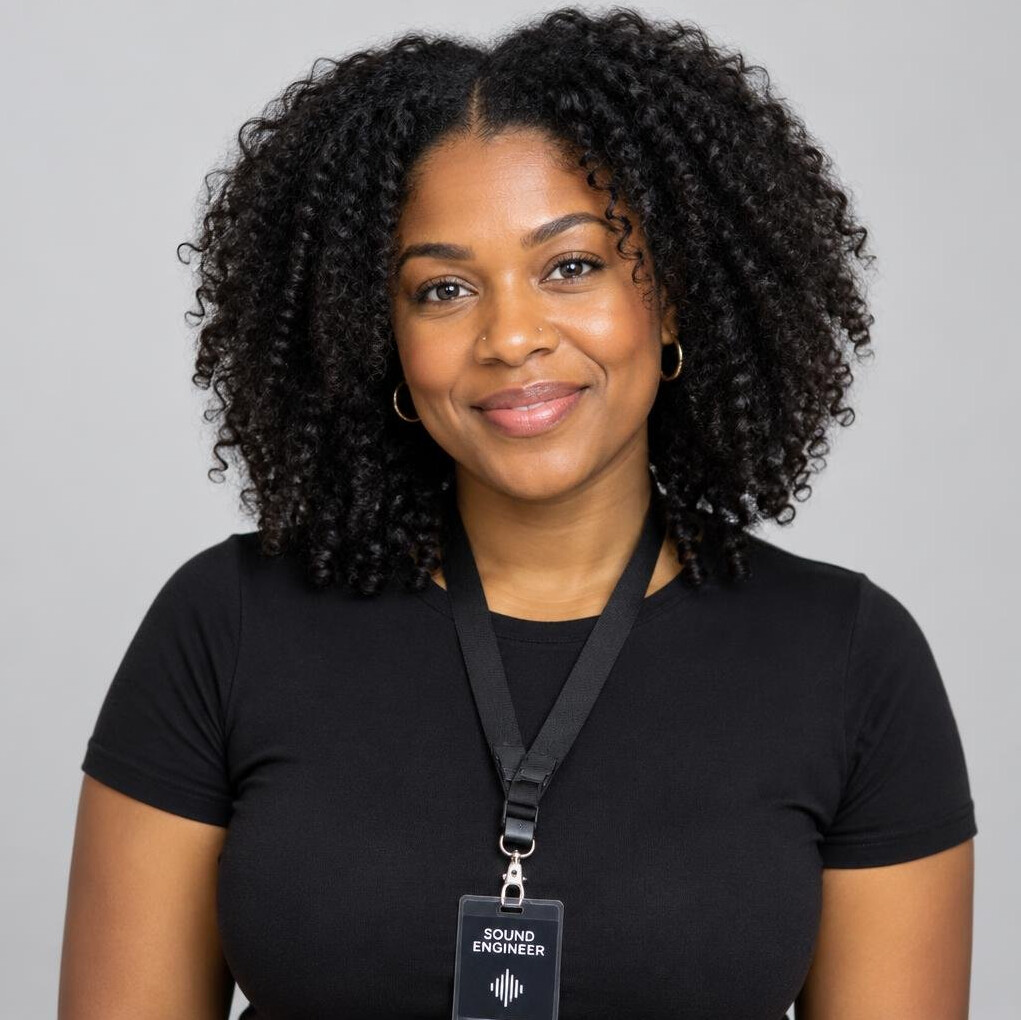 Studio photo of a Black British woman in her 30s, audio engineer smiling