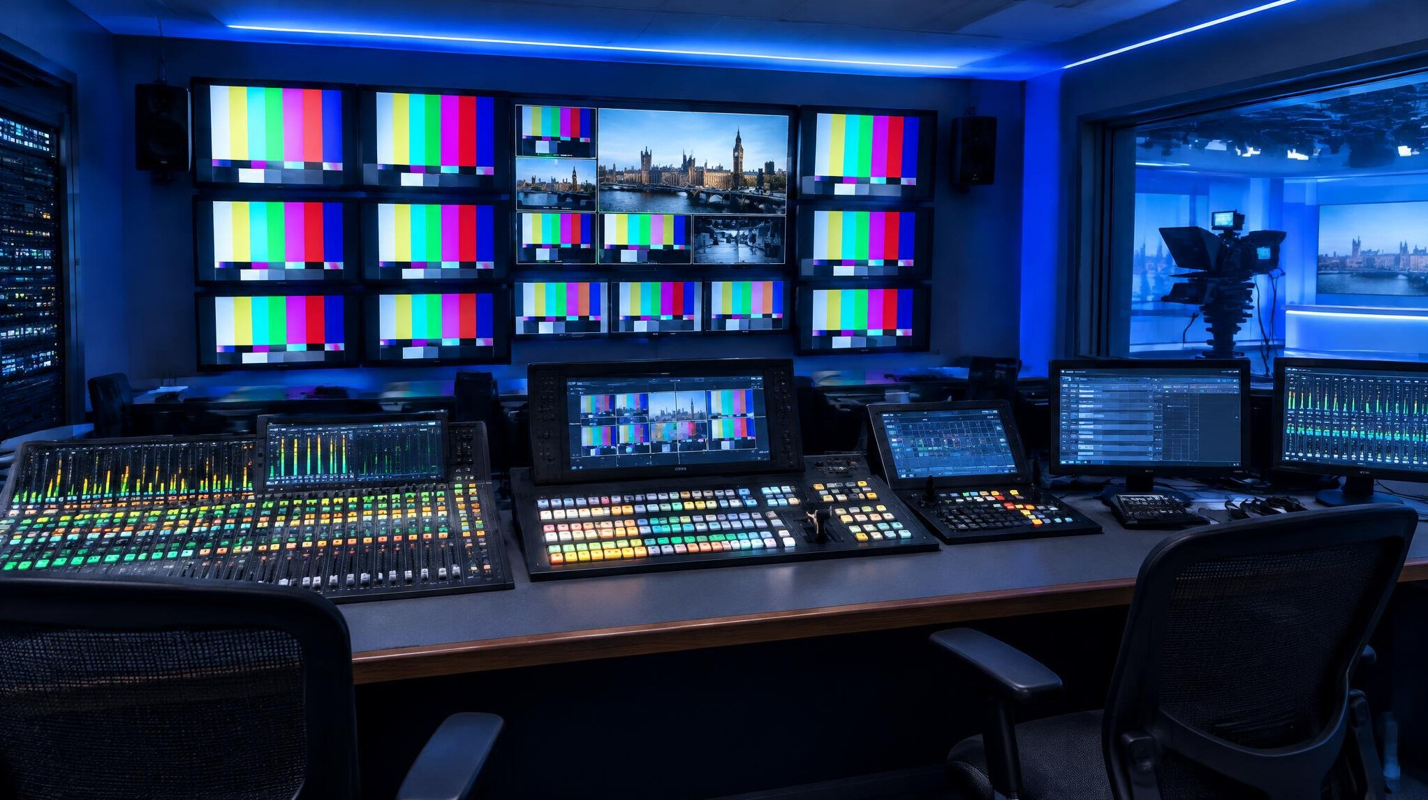 Empty broadcast control room with monitor wall and vision mixer