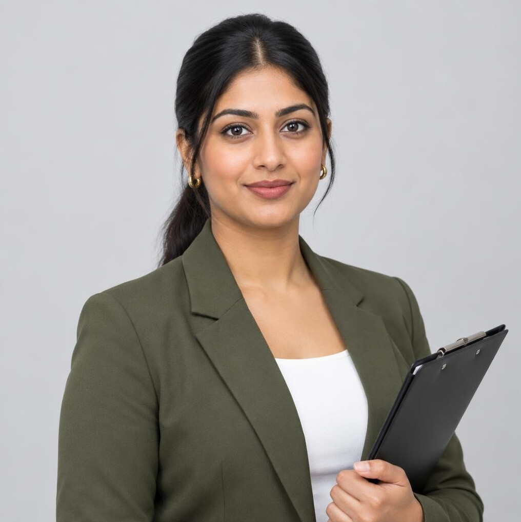 Studio photo of a South Asian British woman in her 20s, live show producer