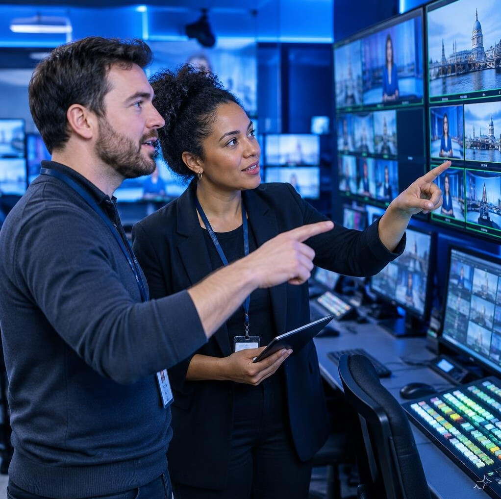 Broadcast trainers collaborating around a monitor wall