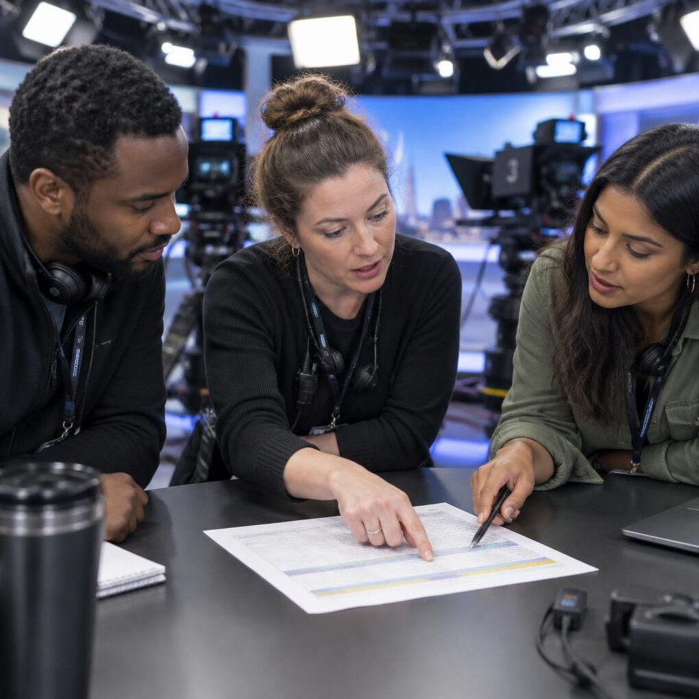 Production crew reviewing a run sheet in a television studio