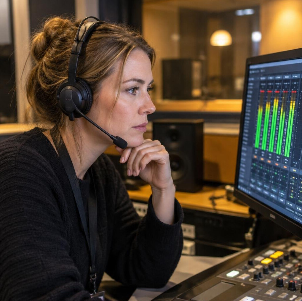 Technician checking audio levels on a studio monitor