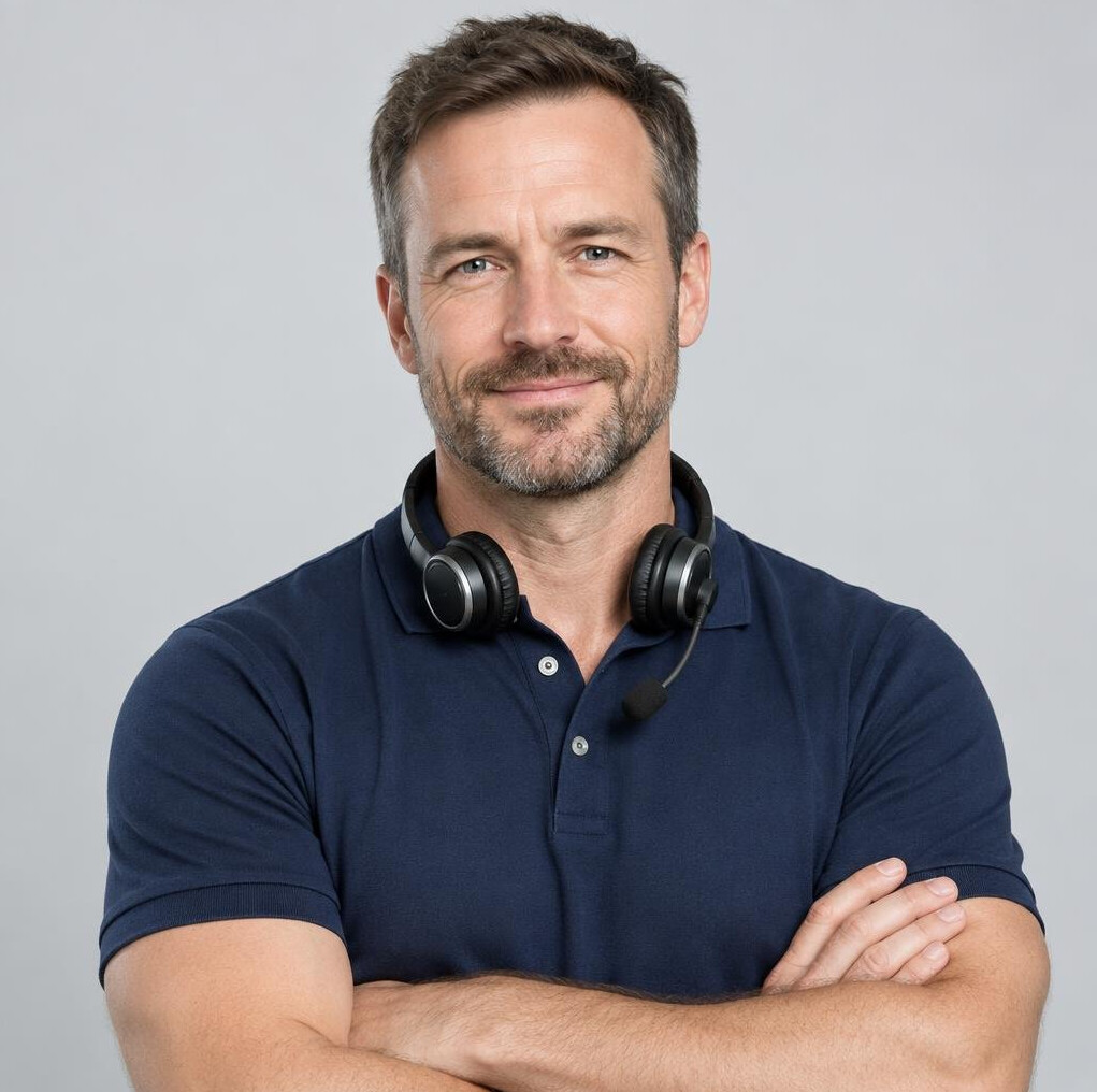 Studio photo of a bearded white British man in his 40s, broadcast studio director