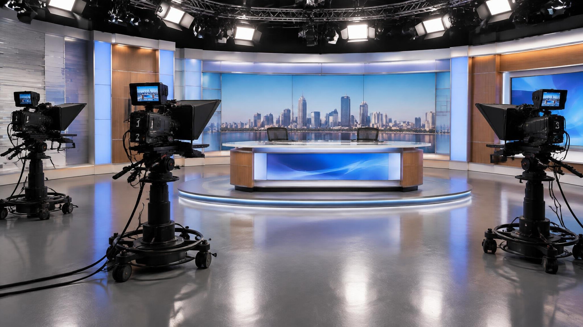 Wide view of an empty television studio floor with multiple cameras set